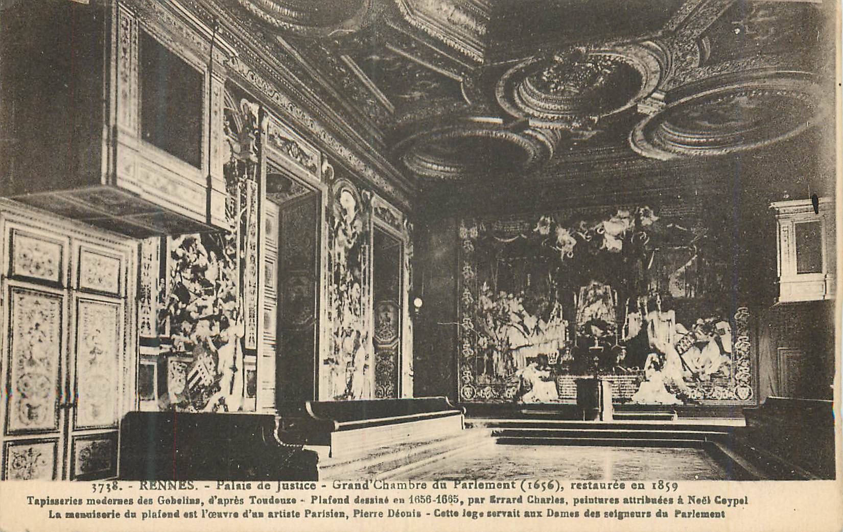 Rennes - Palais de Justice - Grand Chambre du Parlement — Tapissieries modernes des Gobelins, plafond dessiné en 1656-1665 par Errard Charles, peintures attribuées à Noël Coypel