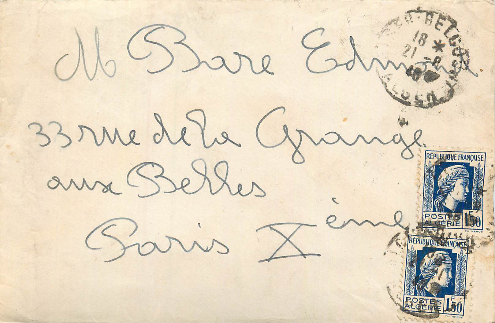 Lettre Algerie 2  1F50 1946 pour Paris Rue de la Grange aux belles