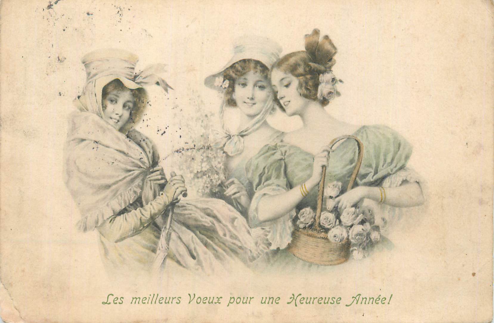 Trois jeunes femmes — vœux de bonne année — éditeur et n° de série non lisibles