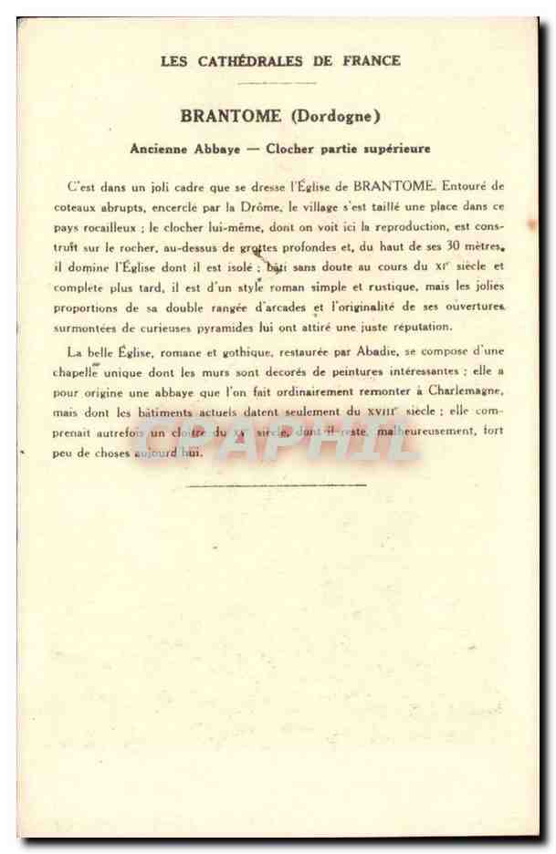 Brantome CPA Eglise abbatiale (clocher partie superieure) — Rückseite