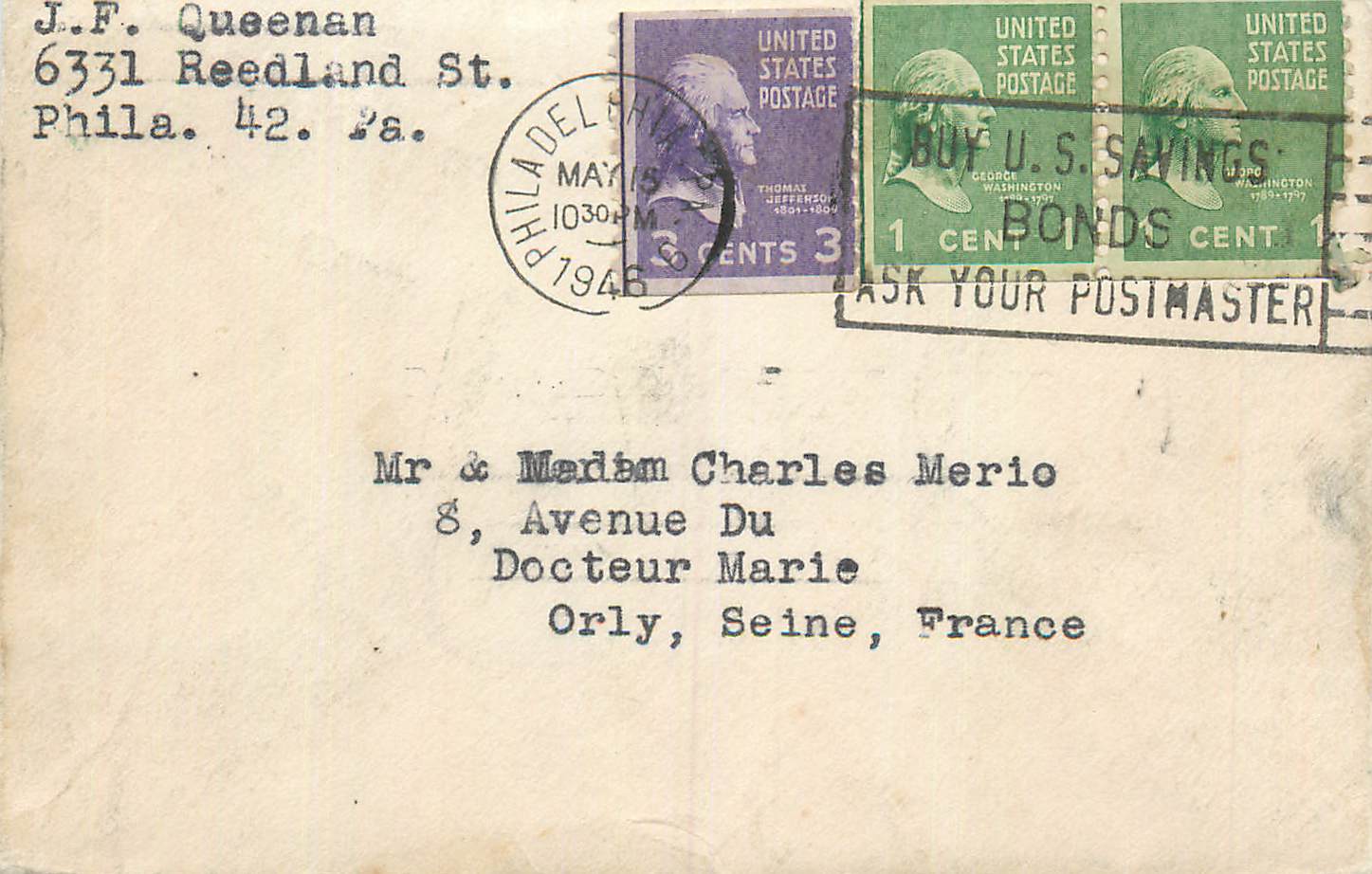 Lettre J F Queenan Reedland St Phila Pa Pour Merio Orly 1948 Philadelphia Buy US Savings