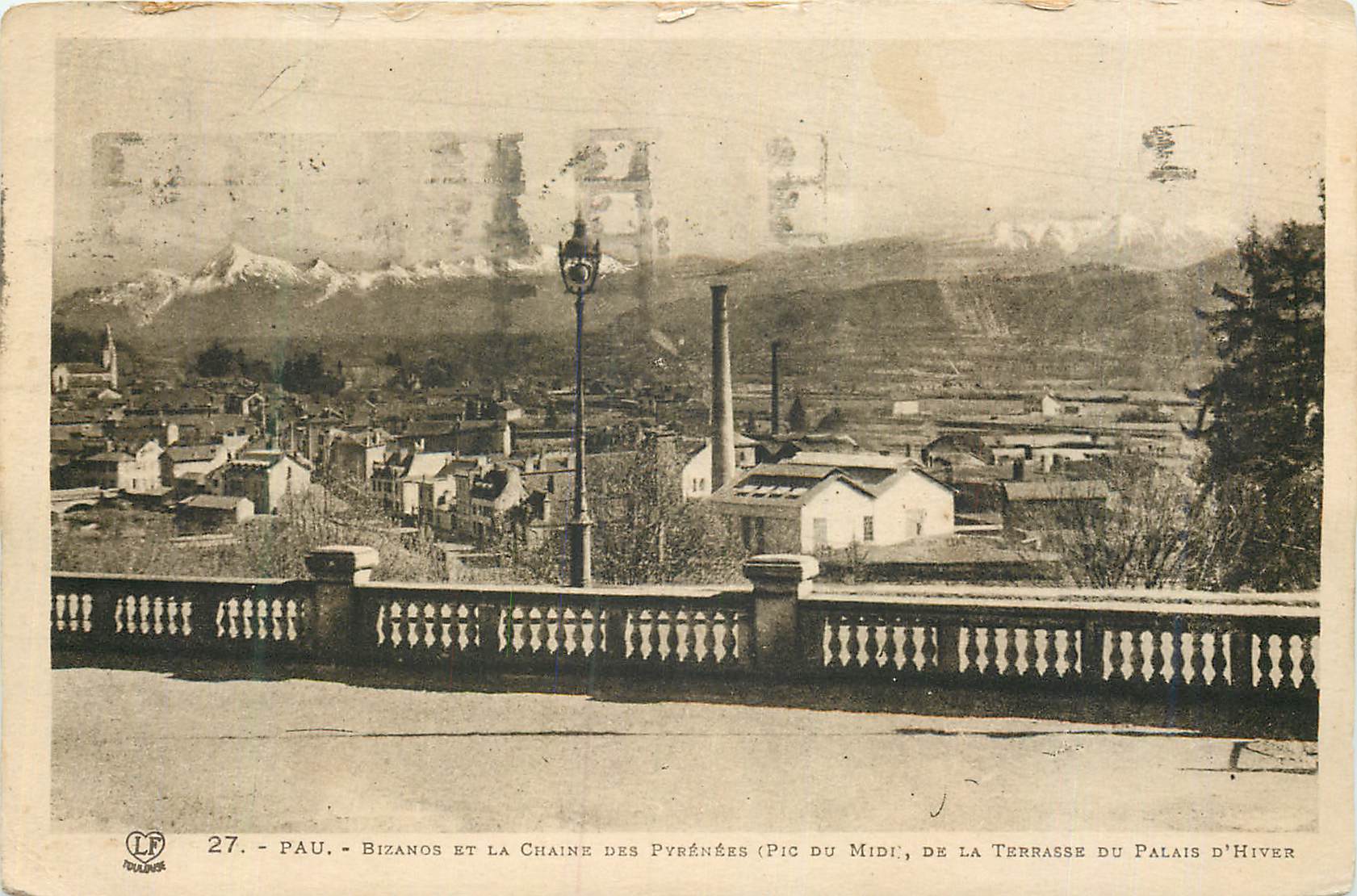Biganos et la chaîne des Pyrénées (Pic du Midi), de la terrasse du Palais d'Hiver — Pau, éditeur L.F. Toulon, n°27