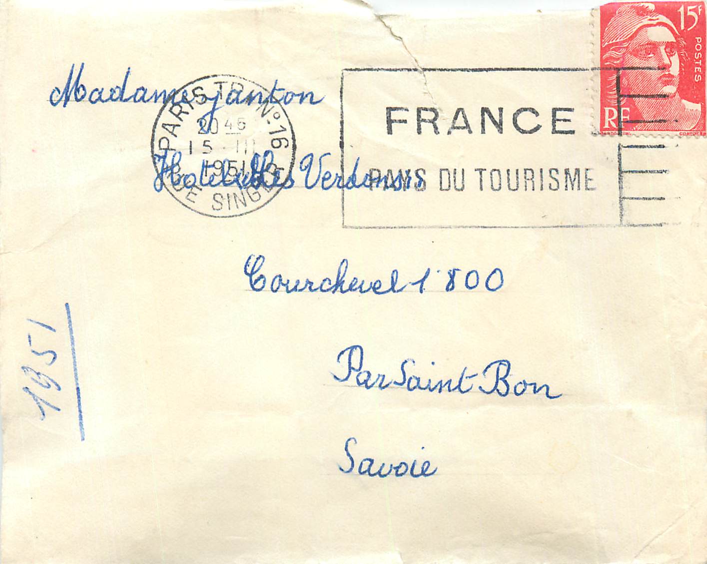 Lettre Marianne 15F Paris 1951 pour Couchevel