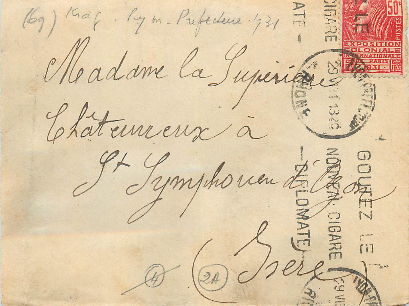 Châteaurenoux — Lettre à la Supérieure de Saint-Symphonien — Gouëtze, 29/07/1931