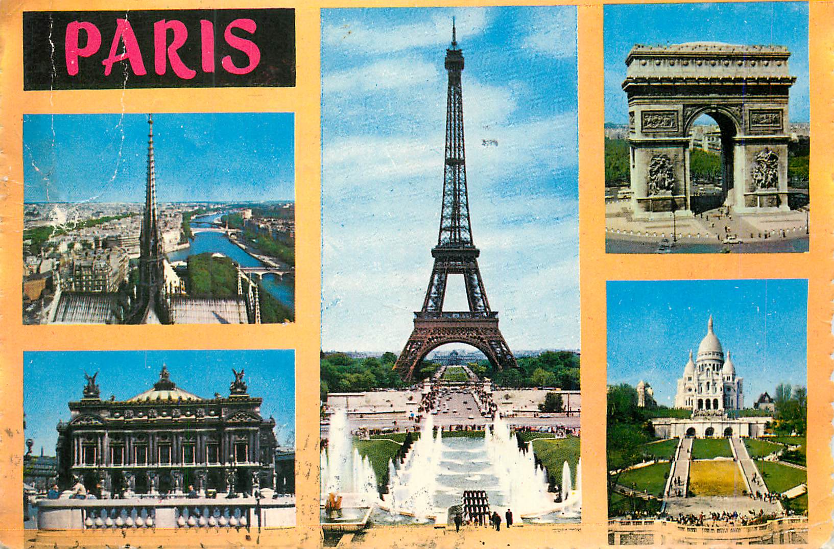 CPM Paris La Seine vue des toits de Notre Dame L'Opera La Tour Eiffel L'Arc de Triomphe de l'Etoile Le Sacre Coeur