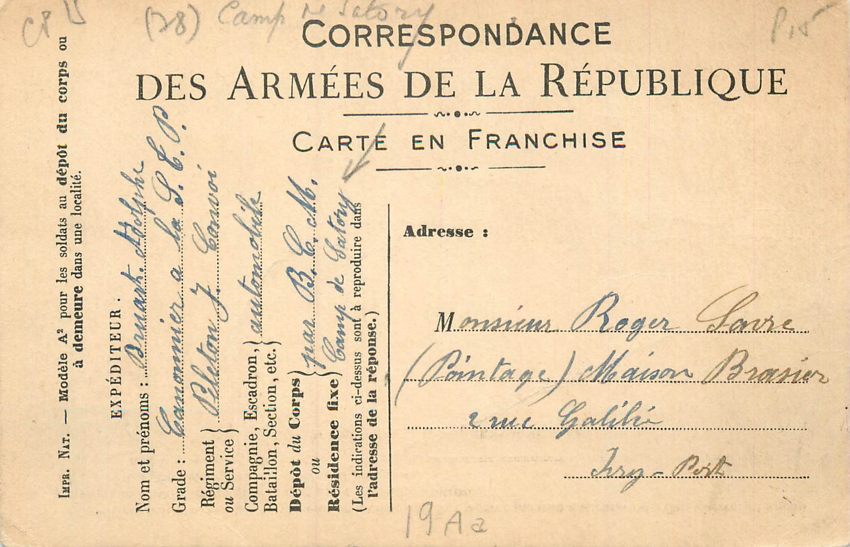 Carte de Franchise Militaire Roger Sarre Ivry Port camp de Satory