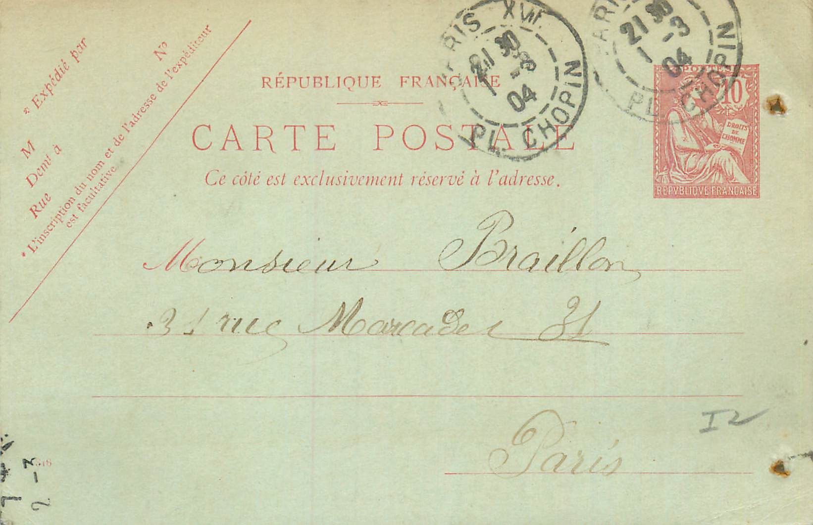 Entier Postal 10c Mouchon Braillon Paris Paris Chopin