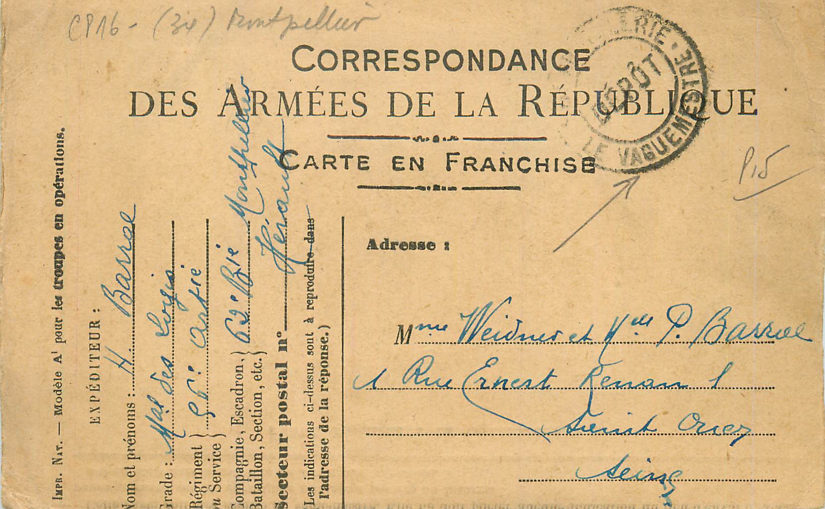 Carte de Franchise Militaire Weidner Saint Ouen  Montpellier