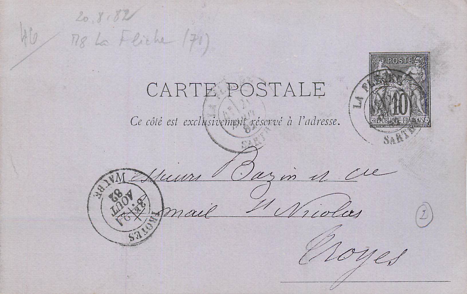 Entier Postal Sage 10c La Fleche 1882 pour Troyes