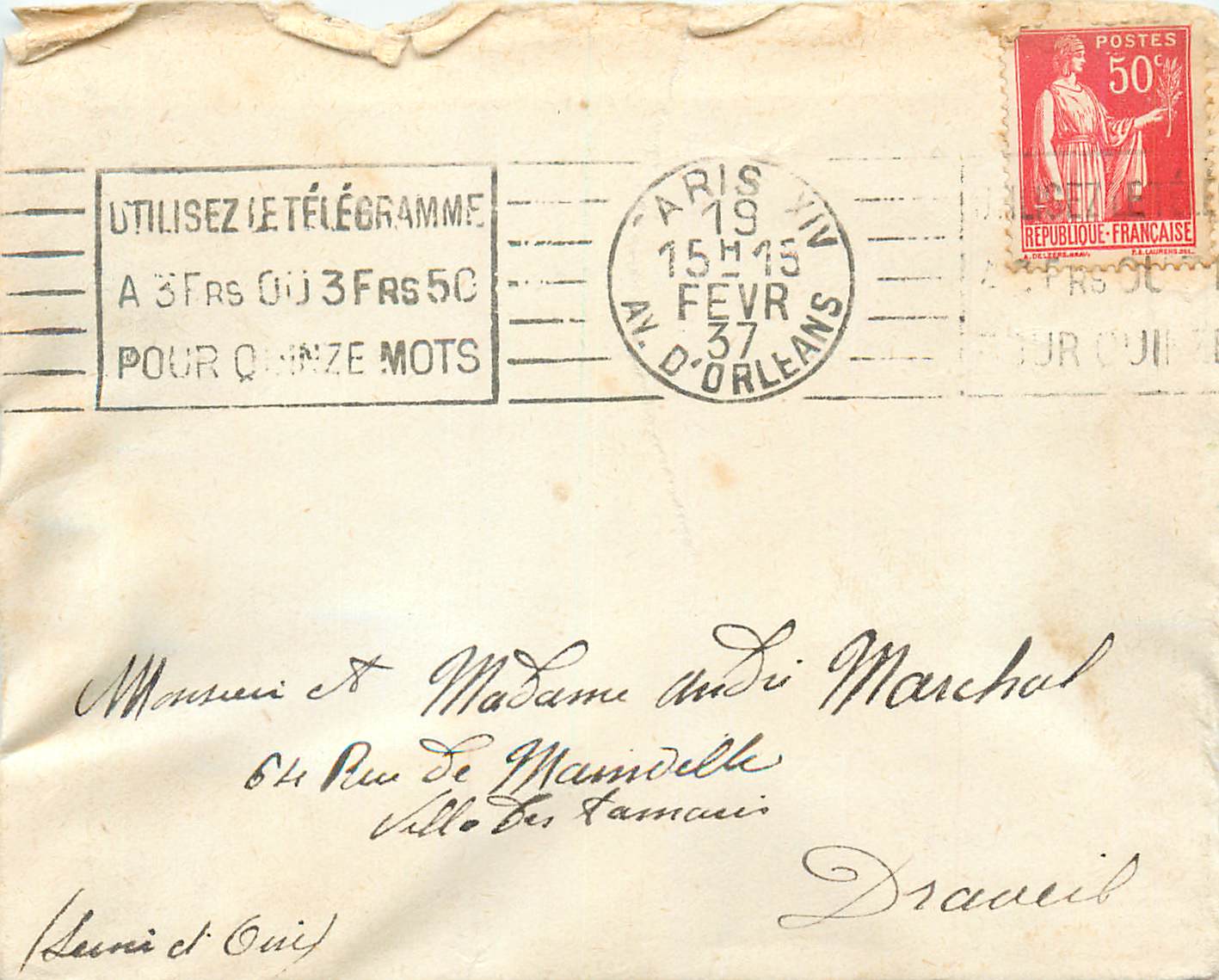 Paris — télégramme à destination d'Orléans — timbre 50c République Française