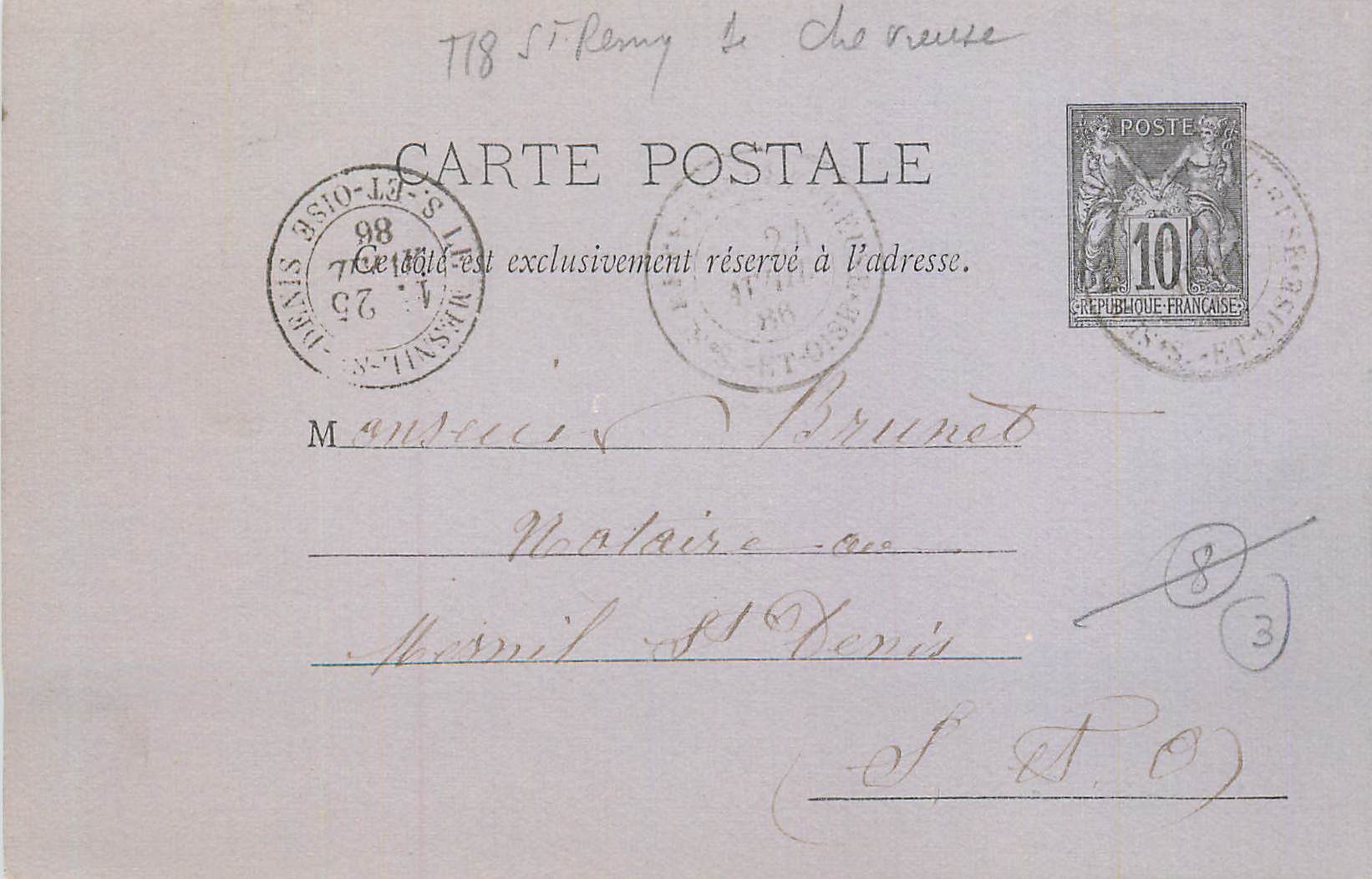Entier Postal Sage 10c St Remy de Chevreuse 1886  pour Mesnil St Denis