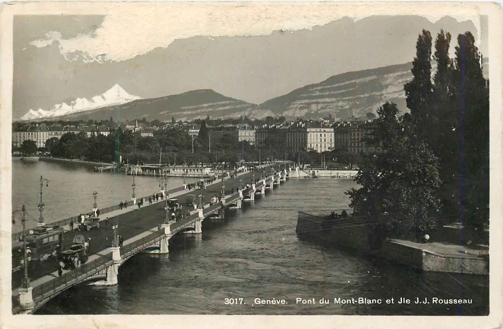 Brücke des Mont-Blanc in Genf — Ansicht mit dem Mont-Blanc im Hintergrund — J.J. Rousseau, n° 3017