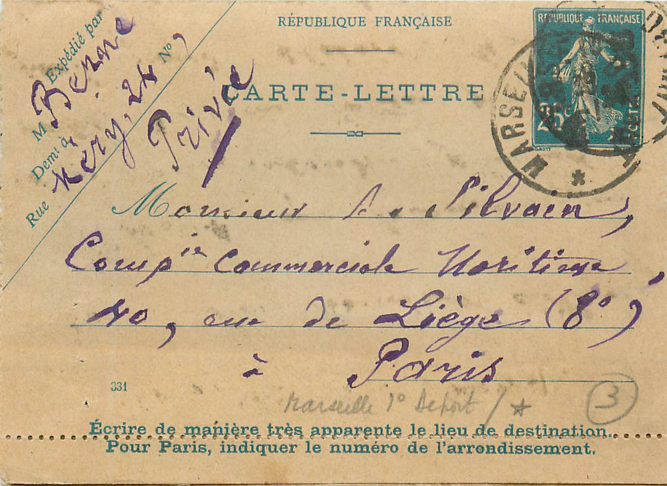 Carte Lettre 25c Semeuse cachet Marseille Delport pour Paris 