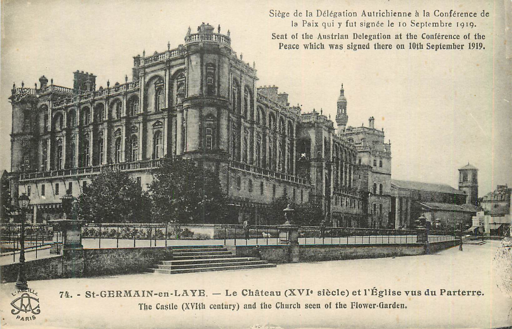 St-GERMAIN-en-LAYE — Le Château (XVIe siècle) et l'Église vus du Parterre — L. RICILLÉ, Paris, n°74