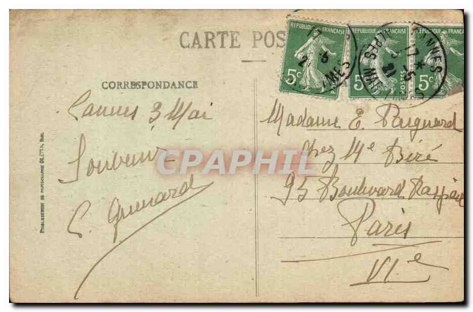 Cannes CPA Palmier de l'hotel de ville et le Mont Chevalier — Verso