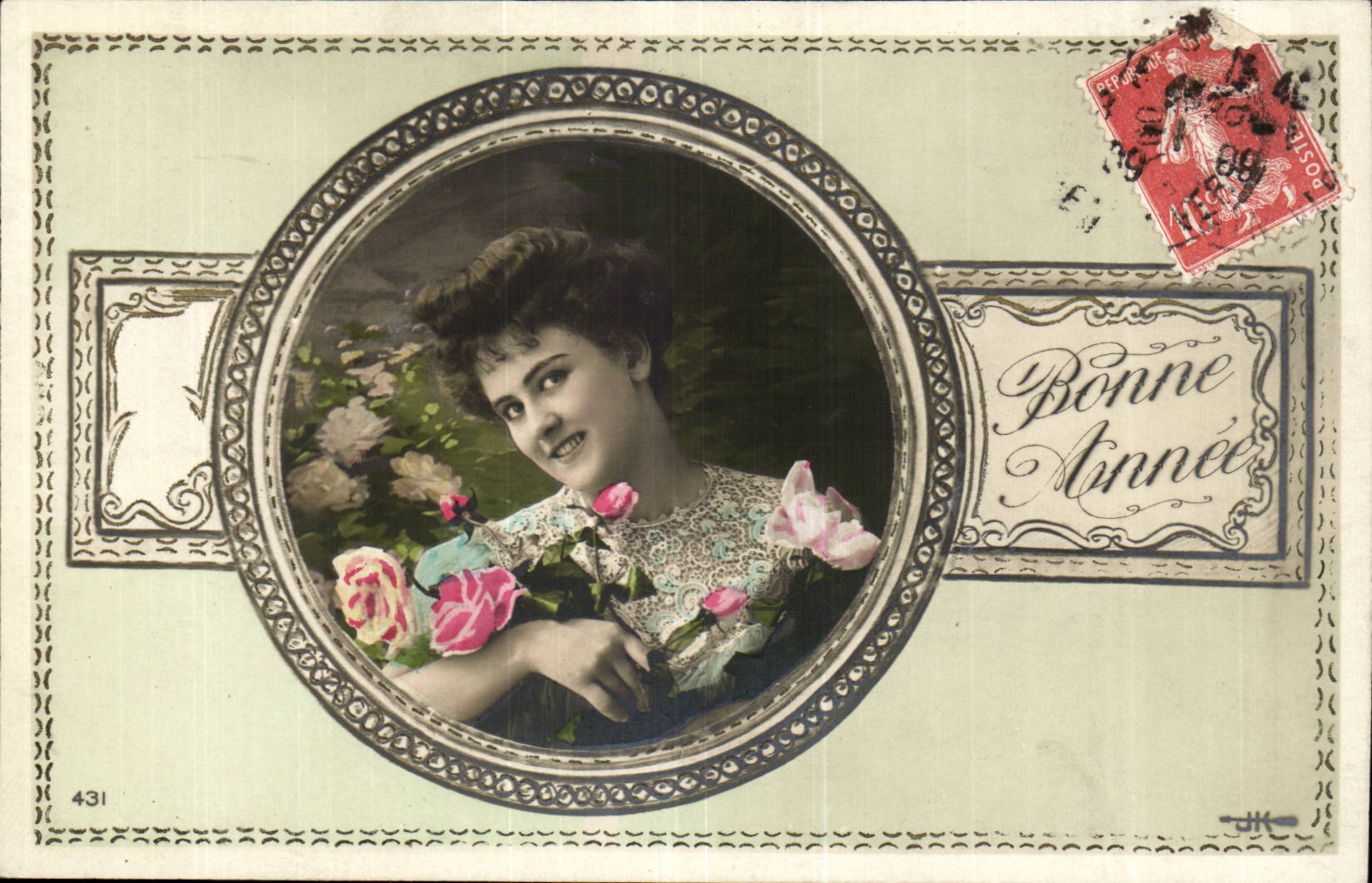 Jeune femme avec roses — Bonne Année — éditeur J.H. n°431