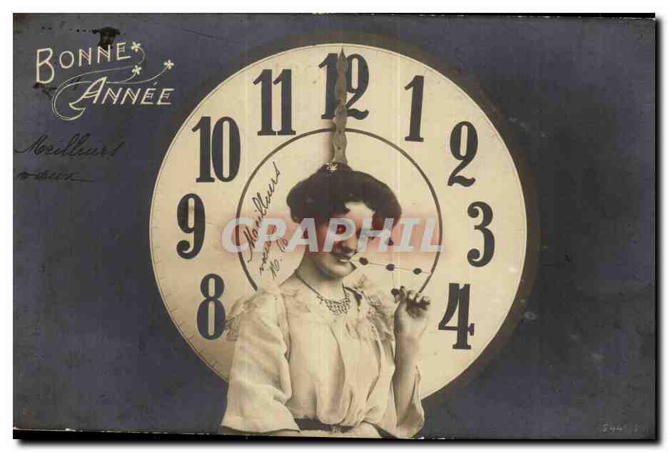Femme devant une horloge — Bonne Année — Norielleur & Cie, No 104