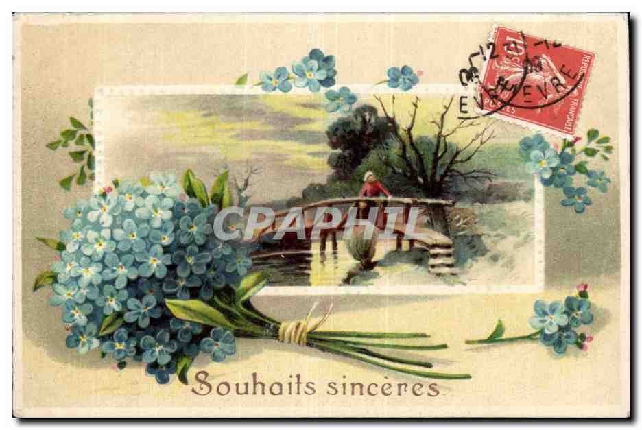 Fantaisie - Souhaits Sinceres - pont - fleur - CPA 