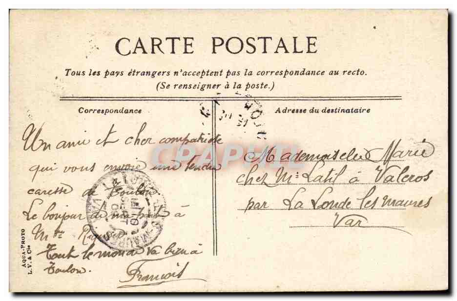Toulon. L'Allée des Palmiers. Place de la Liberté — éditeur L.V. & Cie, n° 361 — Rückseite