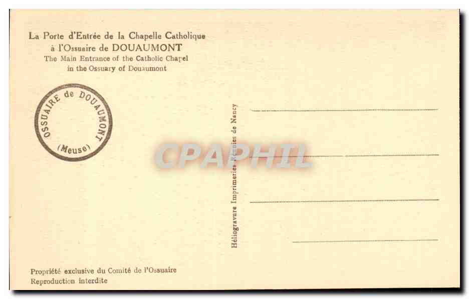 Entrée de la Chapelle Catholique — Ossuaire de Douaumont — Héliogravure Imprimerie de Nancy — Verso