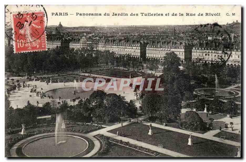 Paris CPA panorama du jardin des Tuileries et de la rue de Rivoli
