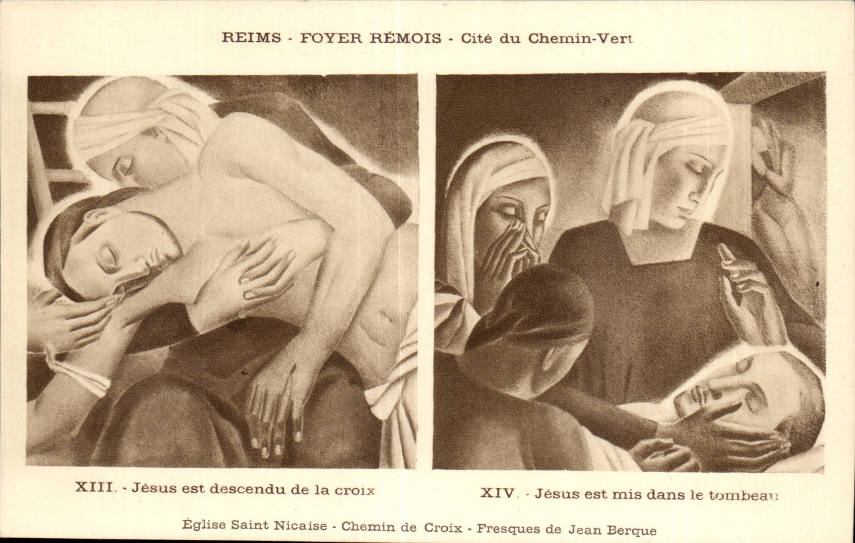 Reims - Foyer Rémois - Cité du Chemin-Vert — Scènes de la Passion : XIII. Jésus descendu de la croix / XIV. Jésus mis dans le tombeau — Fresques de Jean Berque — Église Saint-Nicaise