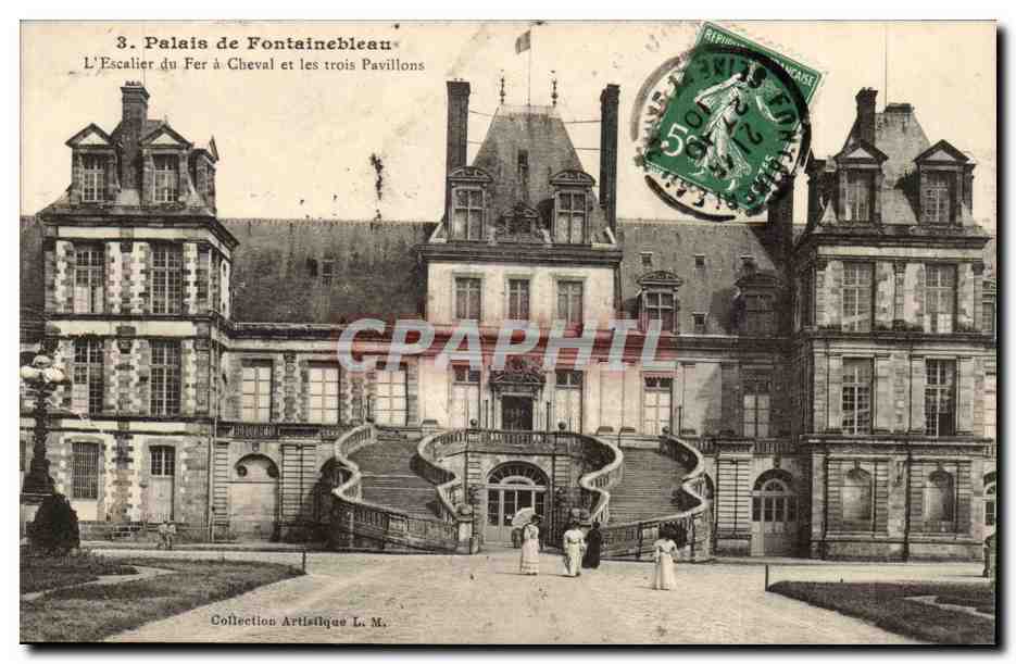 Palacio de Fontainebleau — La Escalera del Caballo y los Tres Pavillon — Imprenta L. Ménard, Fontainebleau