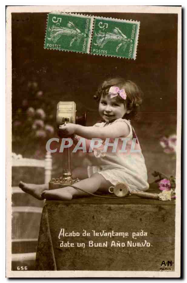 CPA FAntaisie Acabo de levantame pada date un buen ano nuevo (enfant telephone)
