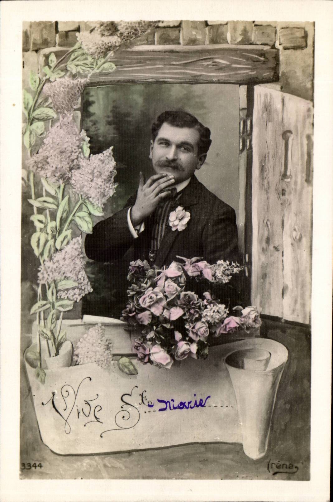 Portrait d'homme avec bouquet de roses — éditeur Irène, n° 3344