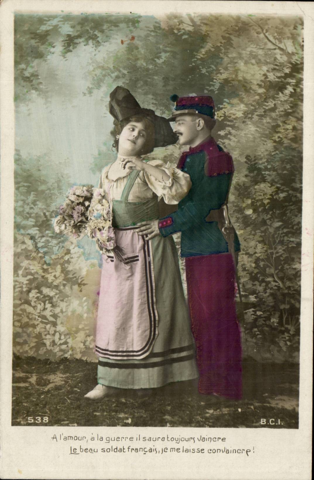 CPA FAntaisie Couple A l'amour a la guerre il saura toujours vaincre (militaria Alsace)