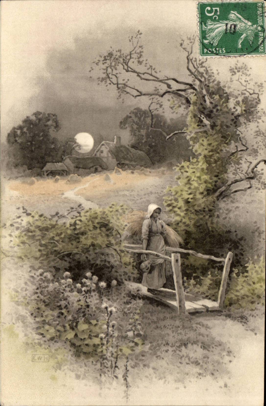Femme portant un fagot de paille sur un pont — paysage rural sous la lune — EWH — timbre 5c vert République Française
