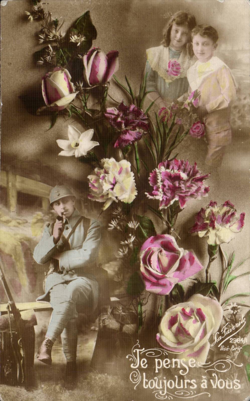 CPA FAntaisie Je pense toujours a vous (militaria fleurs enfants)