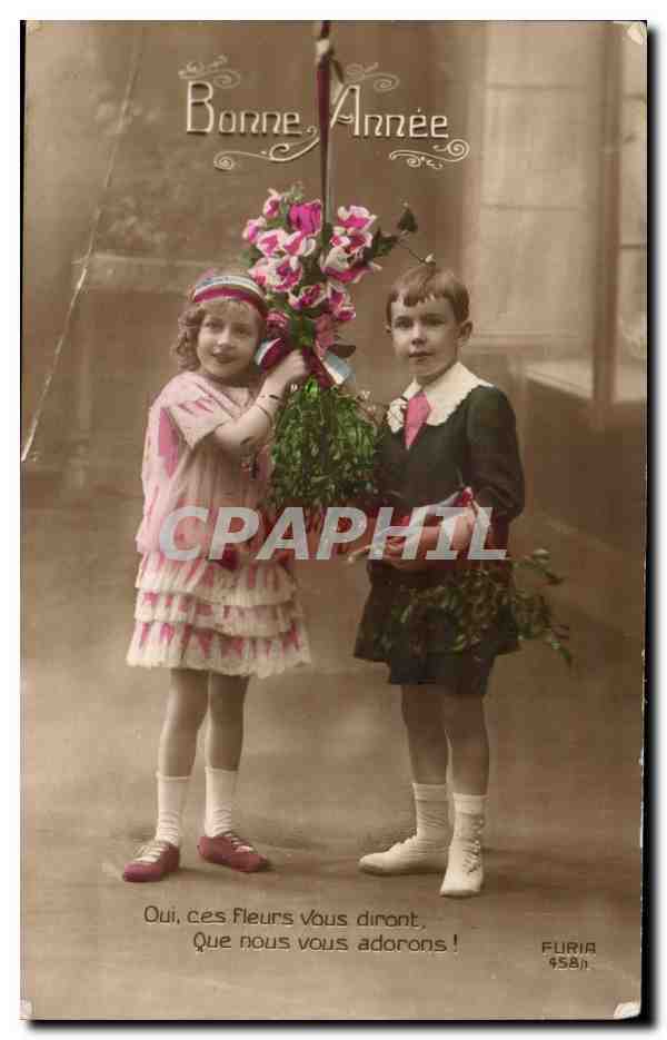 CPA Fantaisie Enfants Bonne annee Oui ces fleurs vous diront que nous vous adorons