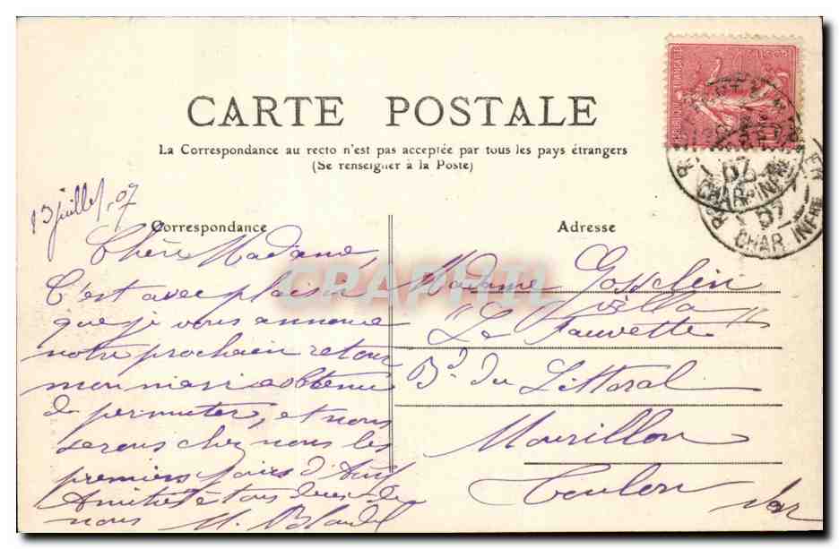 Rochefort sur Mer CPA La fontaine Place Colbert — Rückseite