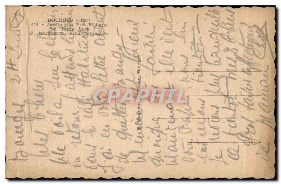 Bourges - Jardin des Pres Fichaux Le Tapis Vert - CPA  — Verso