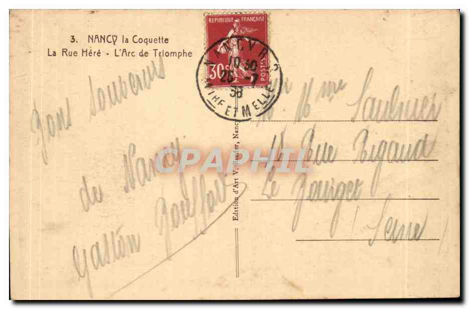 Nancy - Rue here - L'Arc de Triomphe - CPA  — Verso
