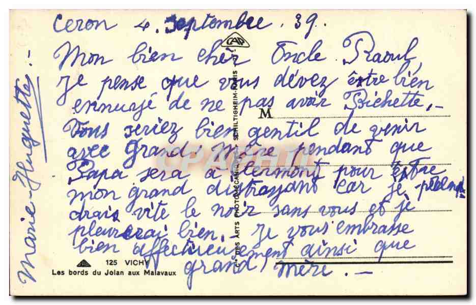 Vichy CPA Les bords du Jolan aux Malavaux — Verso