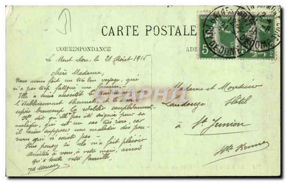 Mont Dore CPA Vallee du mont Dore et le Capucin pris de la route du lac Chambon — Verso