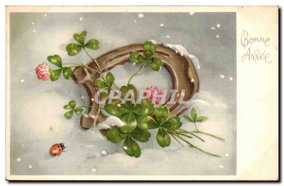 CPA Fantaisie Bonne annee Fer a cheval Trefles