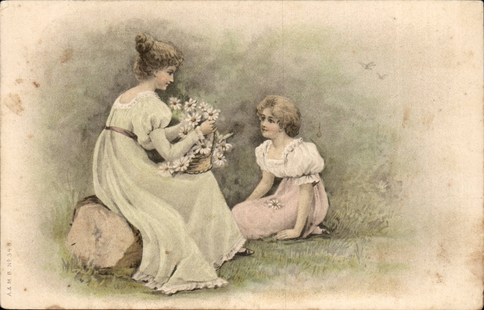 Femme offrant des fleurs à une petite fille — A&M B. N° 348 — A&M