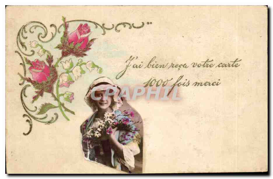 Femme avec bouquet de fleurs — décor floral — carte postale universelle