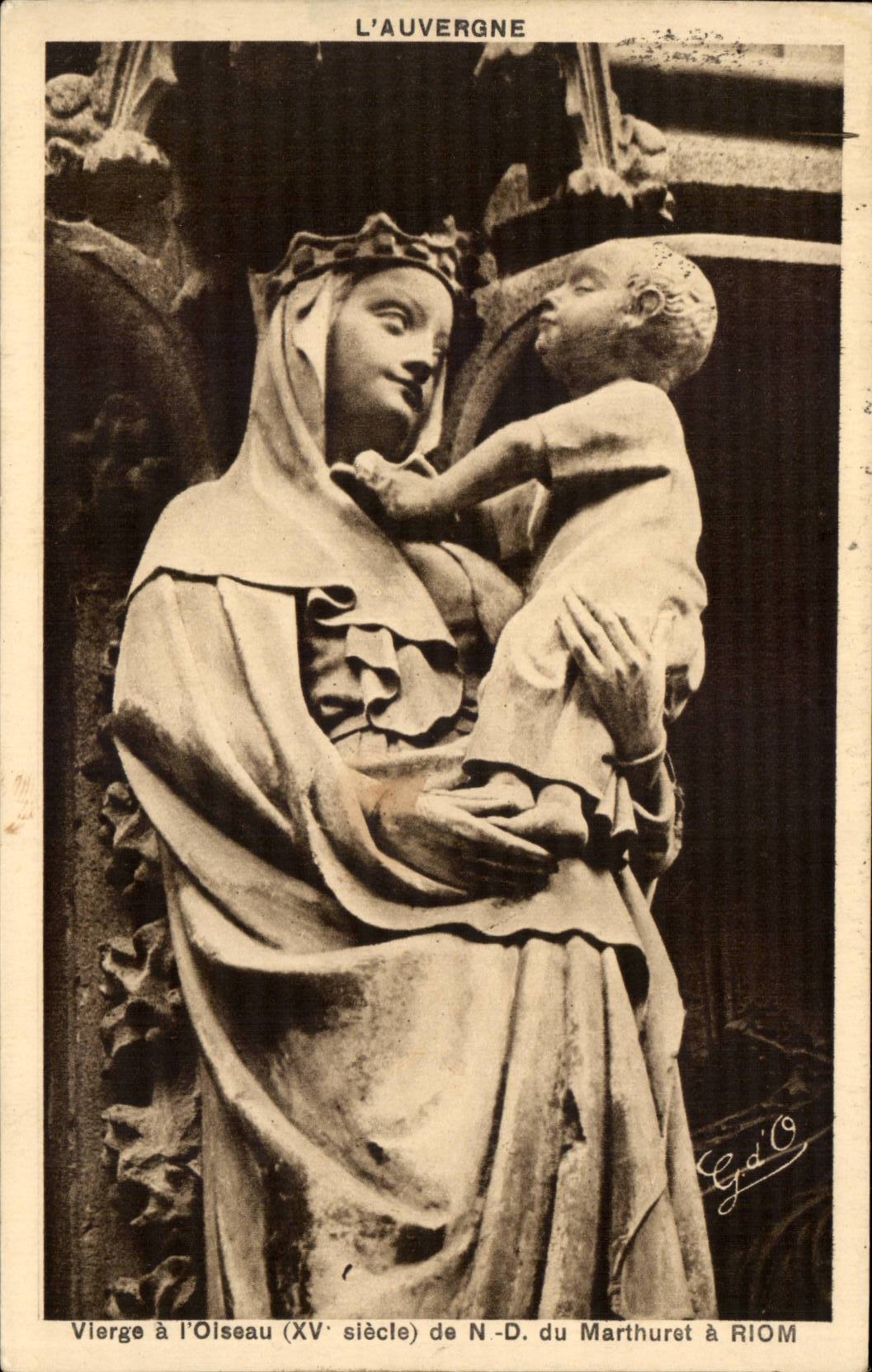 Vierge à l'Oiseau (XVe siècle) de N.-D. du Marthuret à Riom — Éditeur G.d.O.