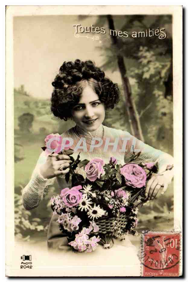 Mujer con ramo de rosas — Toutes mes amitiés — Foto 2042