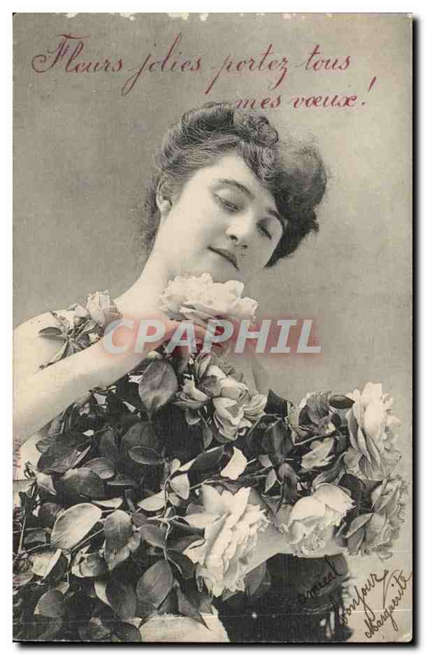 Fantaisie - Femme - Fleurs Jolie portez tous mes voeux - Woman contemplating flowers - CPA 