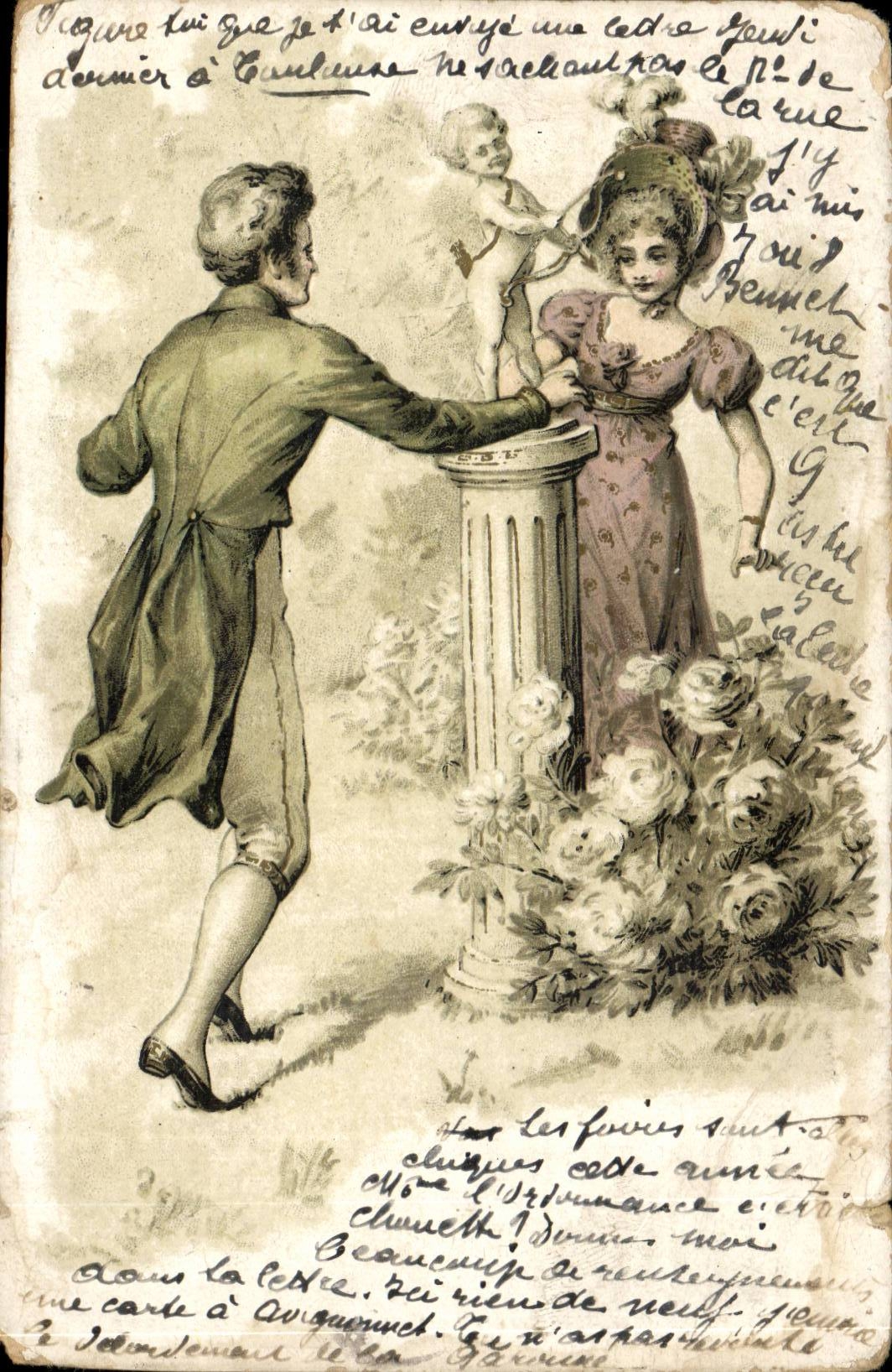 Fantaisie - Couple - l'amour - cupid - moman playing hide and go seek - CPA 