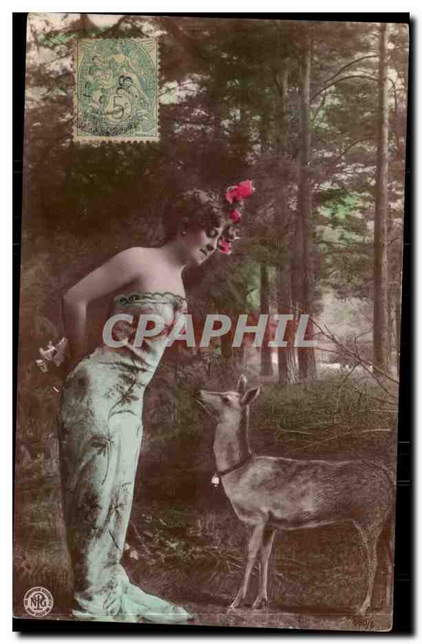 Fantaisie - Couple - Femme avec biche - Woman with doe - deer - CPA 