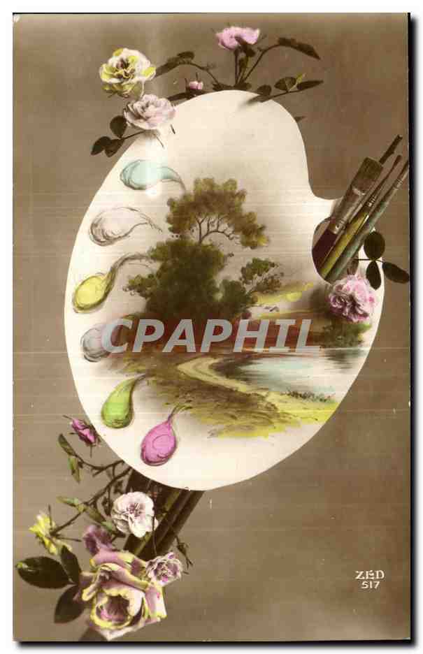 Fantaisie - Fleur - Rose - Artistic palette with brushes- CPA 