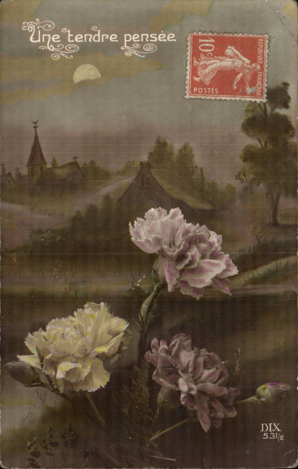 Fantaisie - Fleur - rose - Une tendre pensee - blossoms opening at dawn- CPA 