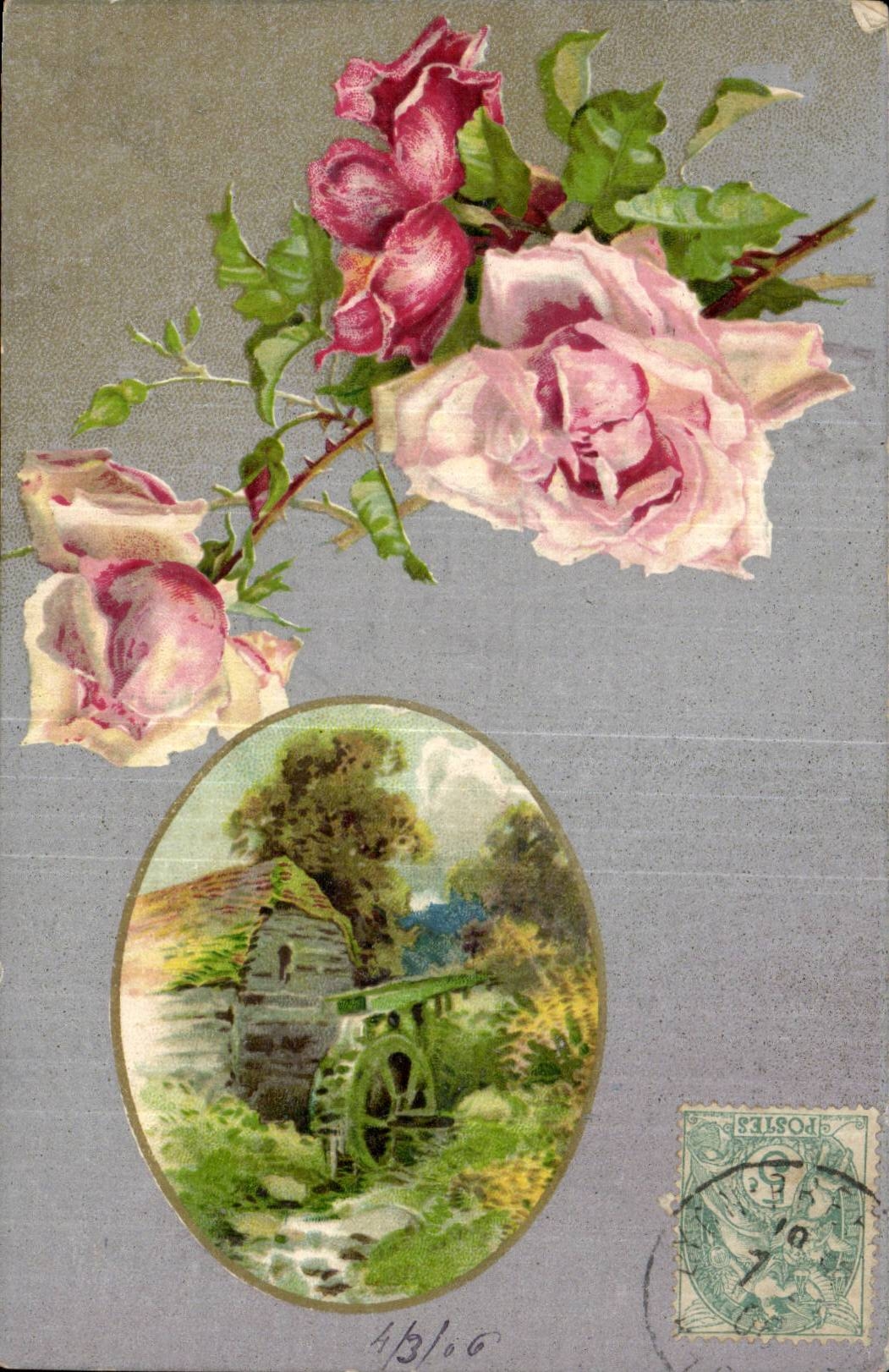 Fantaisie - Fleur - rose - moulin - Spinning mill with silver background- CPA 
