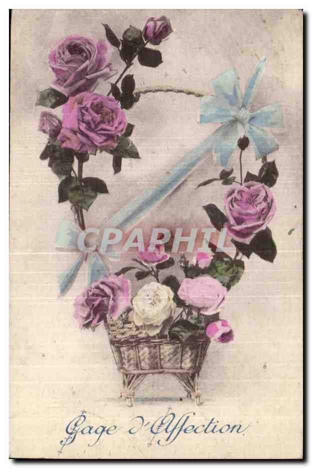 Fantaisie - Fleurs roses Gage D'Affection - basket of roses with white bow - CPA 